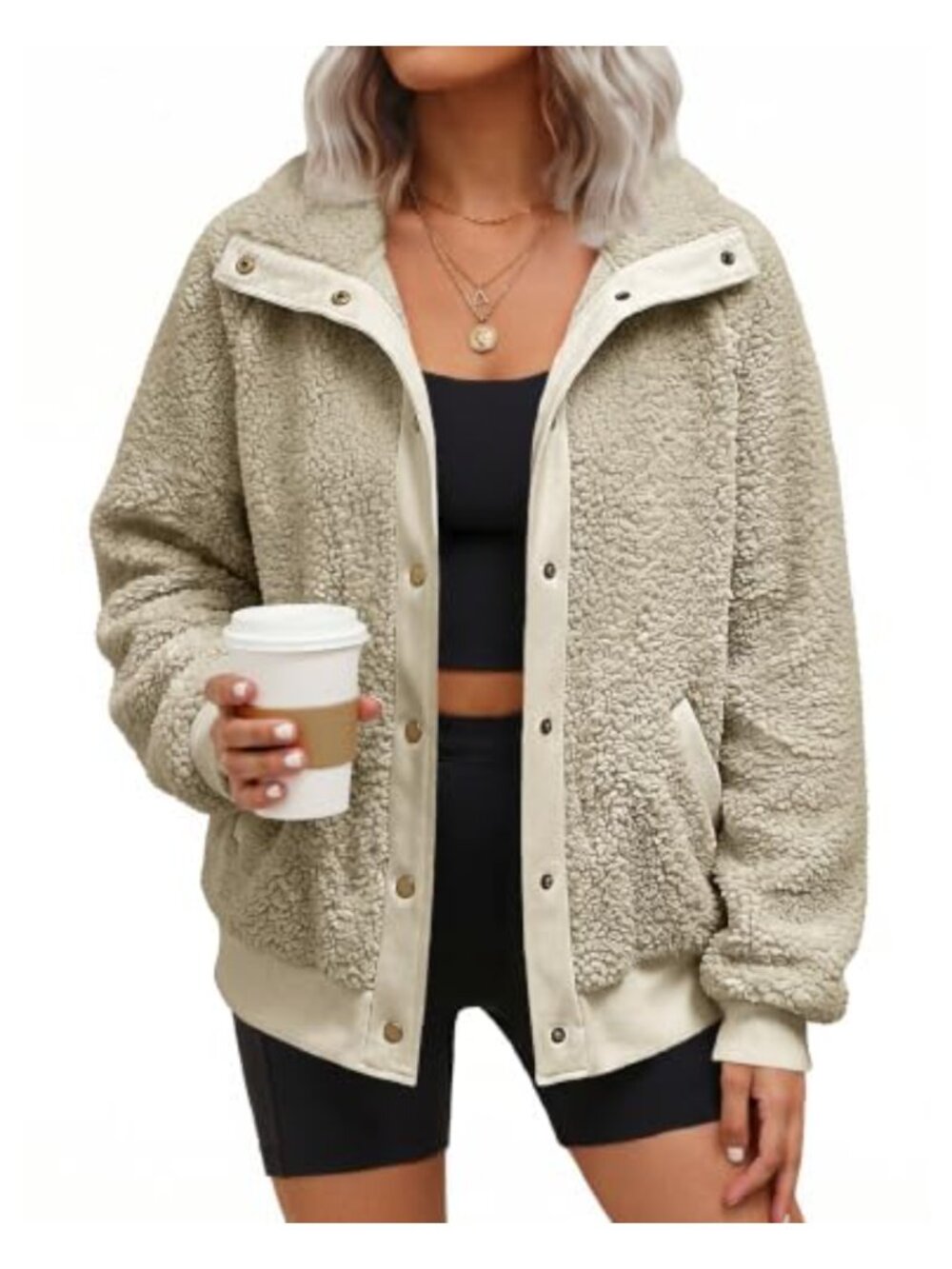 Sherpa Fleece Jacket Snap Button Fuzzy Coat Aviator Winter Outerwear